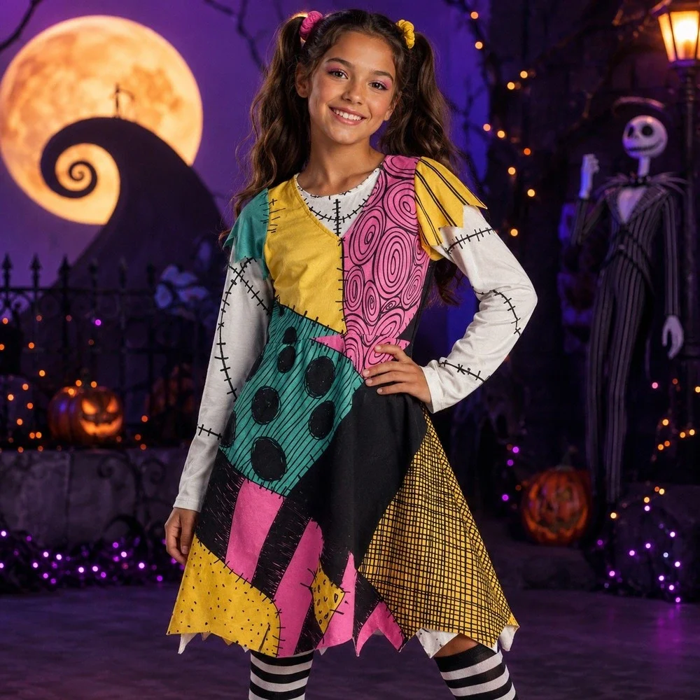 Disney Nightmare Before Christmas Sally Patchwork Costume Dress Girls 9/10 Pink